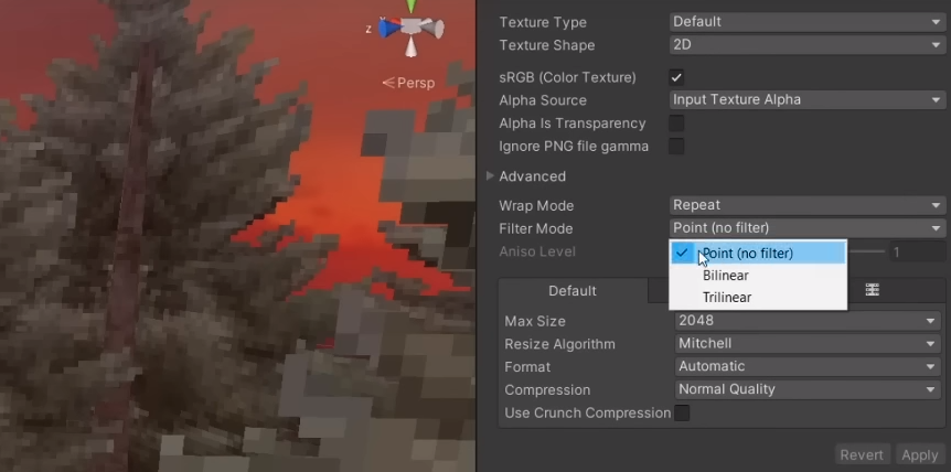 Настройки импорта изображений Unity для придания им ретро-стиля.