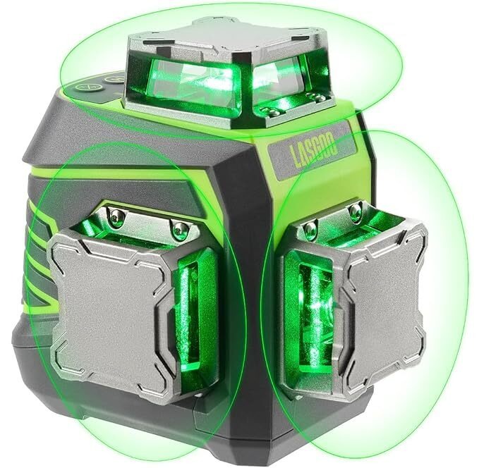 Лазерный уровень 3x360°, самовыравнивающийся, 3D зеленый лазер с перекрестными линиями для строительства и развешивания картин, аккумуляторная батарея, пульт дистанционного управления, магнитная вращающаяся подставка в комплекте - LG-3Dx